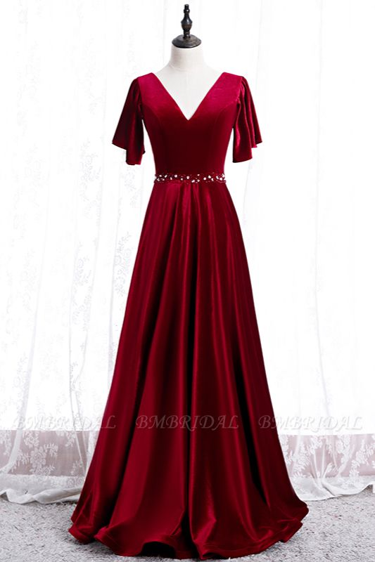 BMbridal Chic V-Neck Ruffles Burgundy Prom Dresses Short Sleeves A-Line Party Dresses with Rhinestones Sash