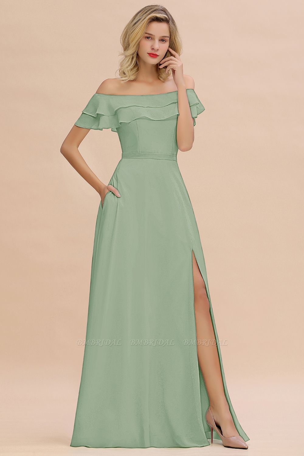 BMbridal Exquisite Off-the-shoulder Slit Mint Green Bridesmaid Dress With Pockets