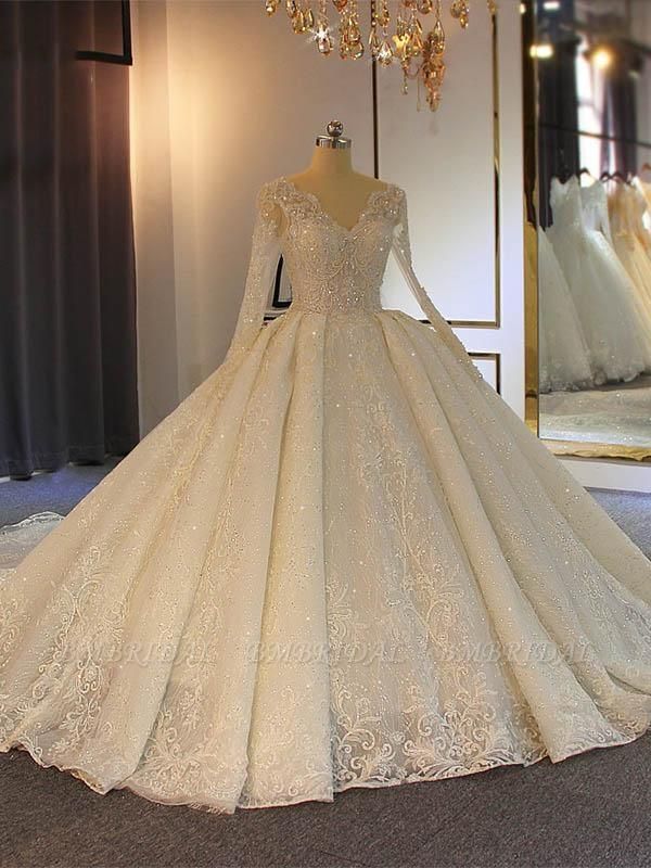 BMbridal Long Sleeves Delicate Lace Wedding Dress Ball Gown