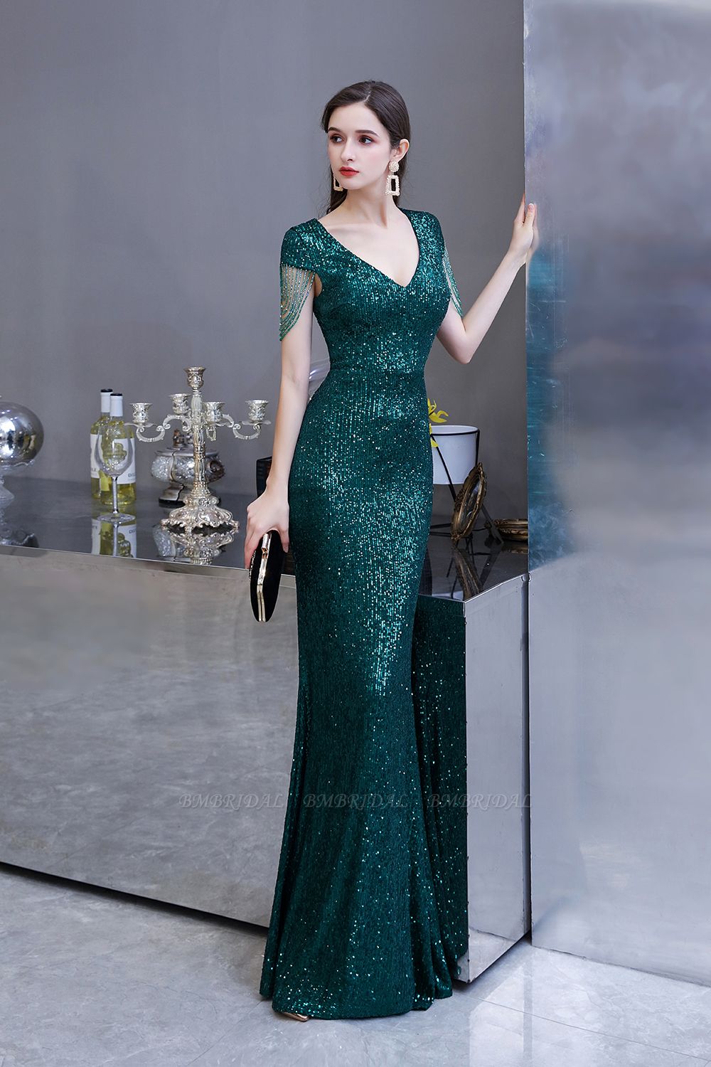 BMbridal Elegant Cap Sleeve Green Prom Dress Sequins Long Evening Gowns ...