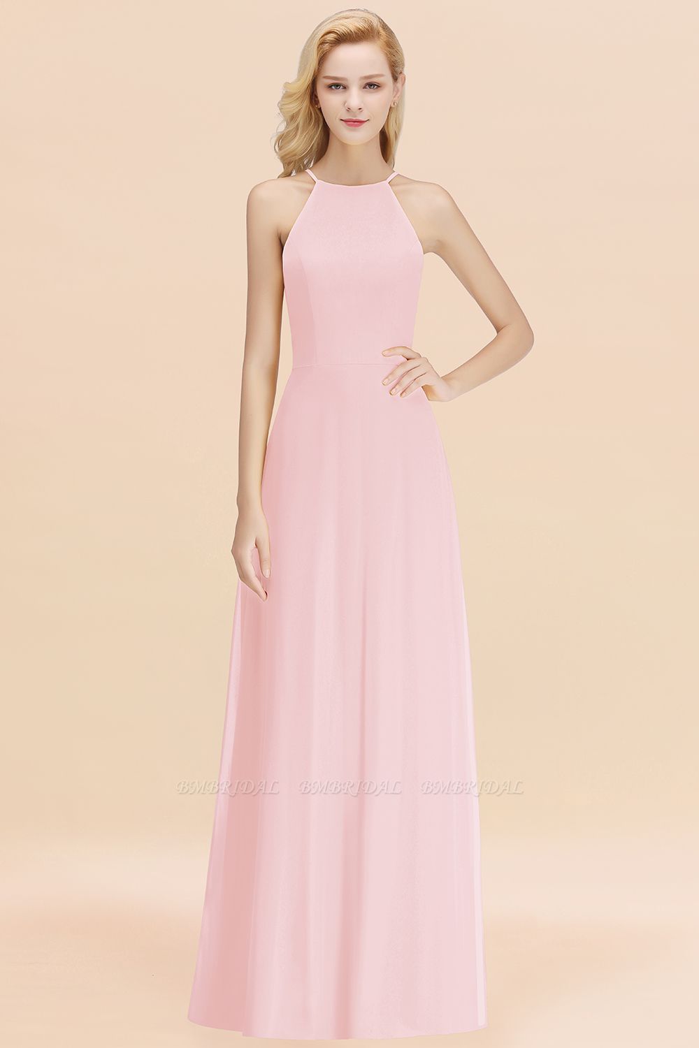 BMbridal Modest High-Neck Yellow Chiffon Affordable Bridesmaid Dresses Online