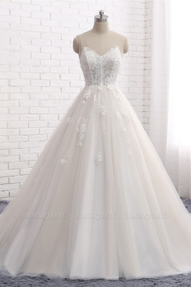 BMbridal Affordable Spaghetti Straps Sleeveless Lace Wedding Dresses A-line Tulle Ruffles Bridal Gowns On Sale