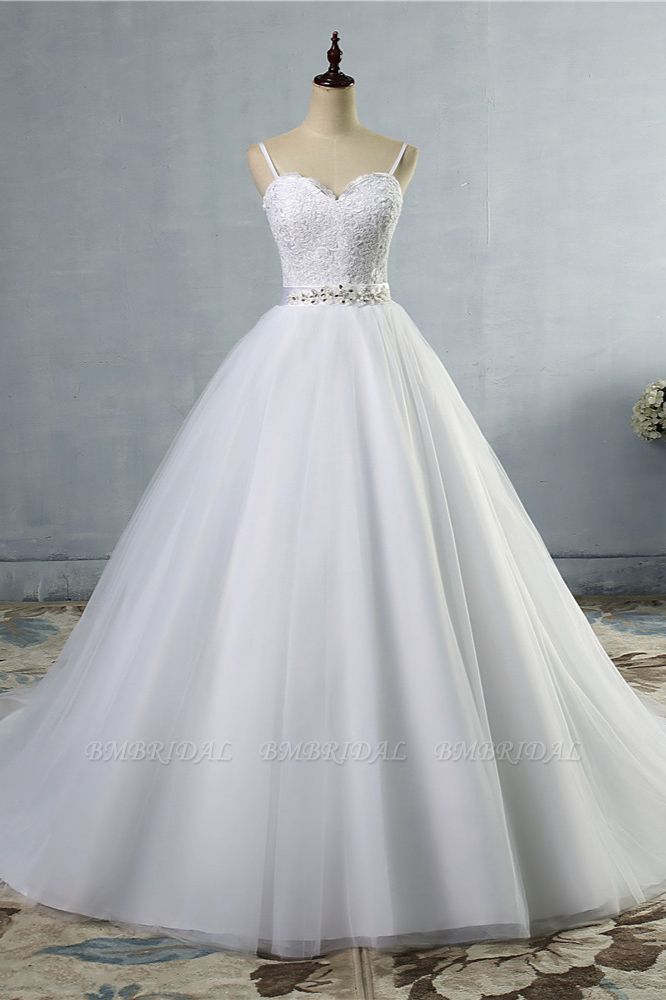 BMbridal Elegant Spaghetti Straps Sweetheart Wedding Dress White Tulle Appliques Bridal Gowns with Beadings Sash
