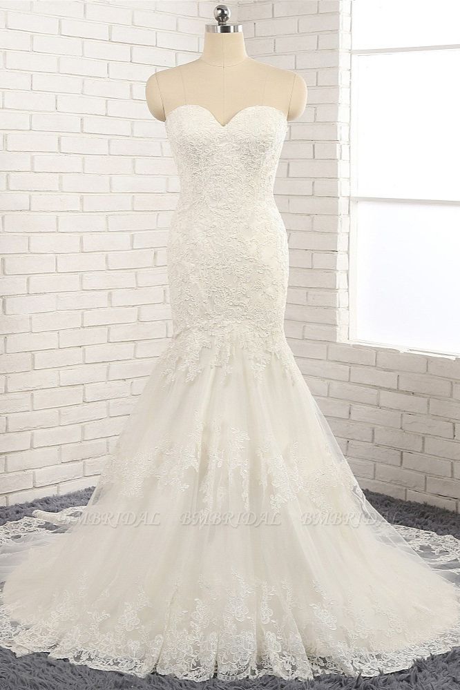 BMbridal Gorgeous Strapless Sleeveless Lace Tulle Wedding Dress Sweetheart Appliques Mermaid Bridal Gowns Online