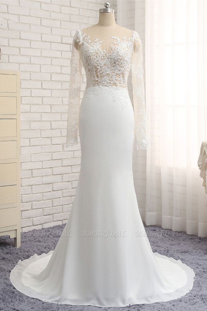 BMbridal Chic Jewel White Chiffon Lace Wedding Dress Long Sleeves Applqiues Bridal Gowns On Sale