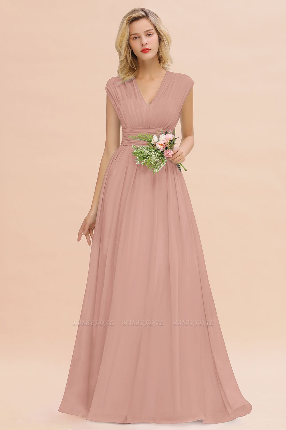 BMbridal Elegant Chiffon V-Neck Ruffle Long Bridesmaid Dresses Affordable