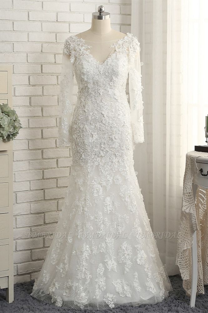 BMbridal Glamorous White Mermaid Lace Wedding Dresses With Appliques Longsleeves Jewel Bridal Gowns On Sale