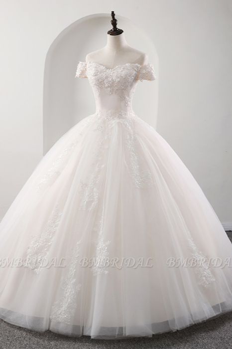 BMbridal Gorgeous Off-the-shoulder Pink A-line Wedding Dresses Tulle Ruffles Bridal Gowns With Appliques Online