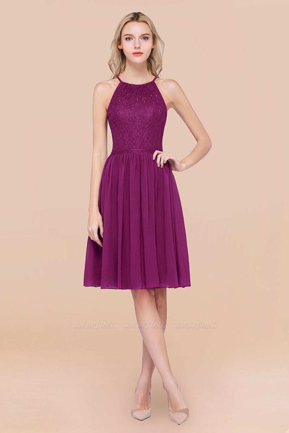 BMbridal Lovely Burgundy Lace Short Bridesmaid Dress With Spaghetti-Straps