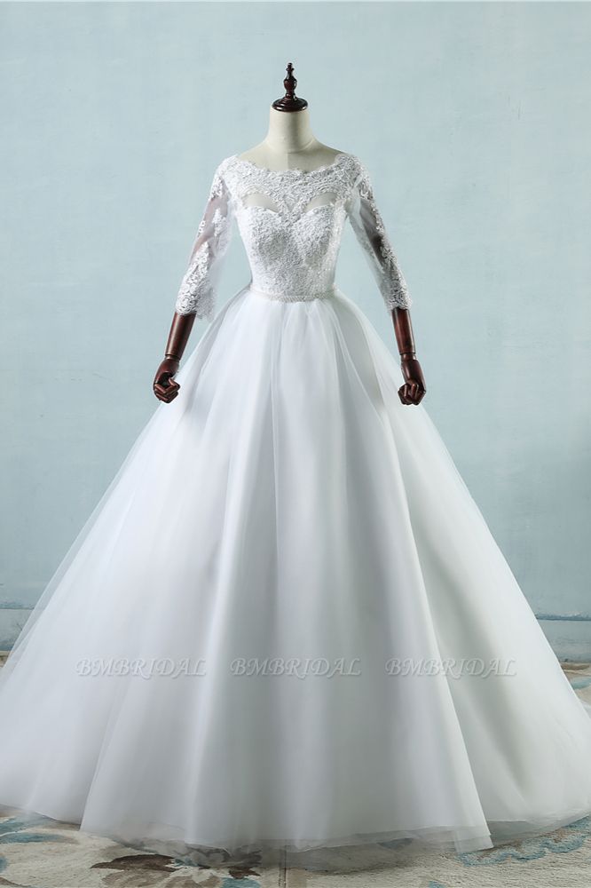 BMbridal Elegant Jewel Tulle Lace Wedding Dress 3/4 Sleeves Appliques A-Line Bridal Gowns On Sale