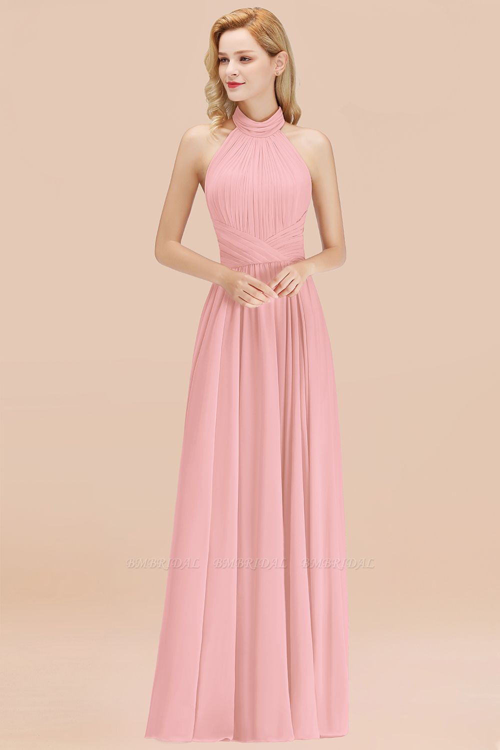 BMbridal Gorgeous High-Neck Halter Backless Bridesmaid Dress Dusty Rose Chiffon Maid of Honor Dress