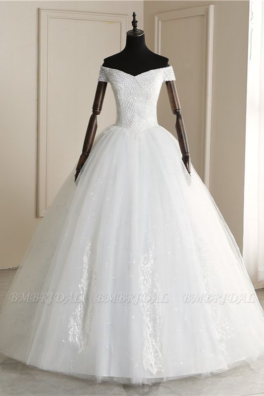 BMbridal Erschwingliches schulterfreies Hochzeitskleid aus Tüll mit Applikationen, ärmellose Brautkleider mit Perlen