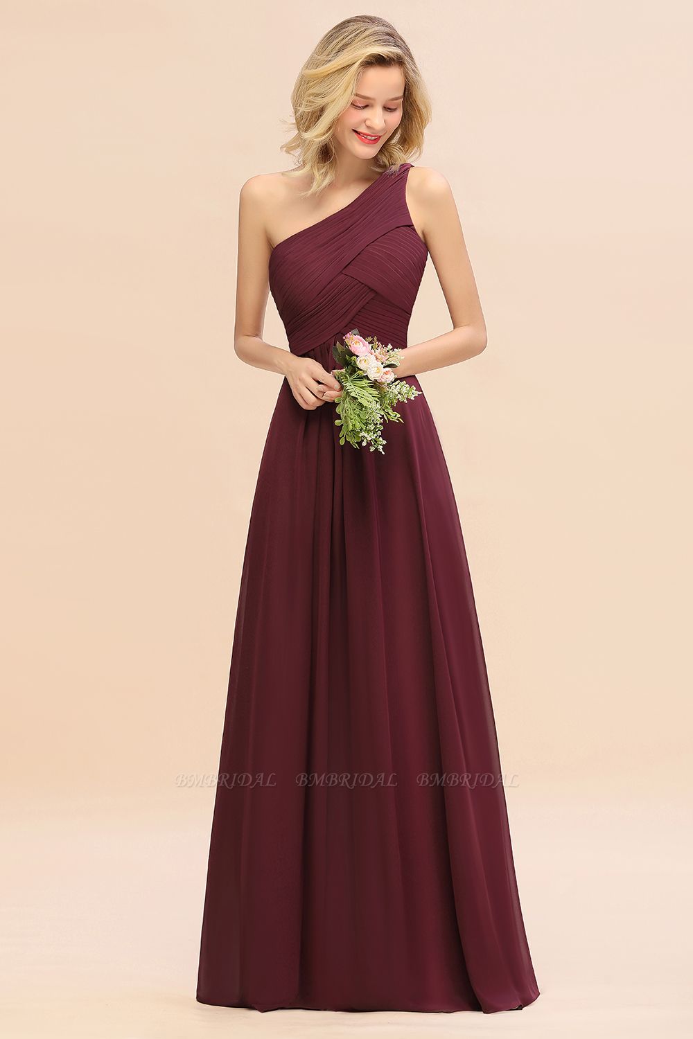 BMbridal Chic One Shoulder Ruffle Grape Chiffon Bridesmaid Dresses Online