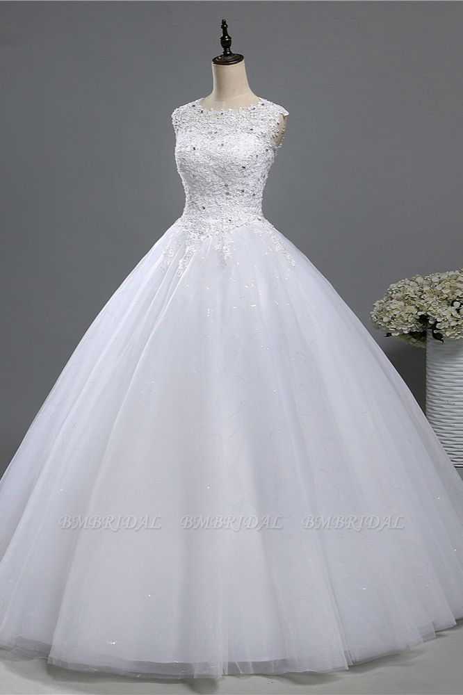 BMbridal Chic Jewel Tulle Sequined Wedding Dress Sleeveless Appliques Beadings Bridal Gowns On Sale