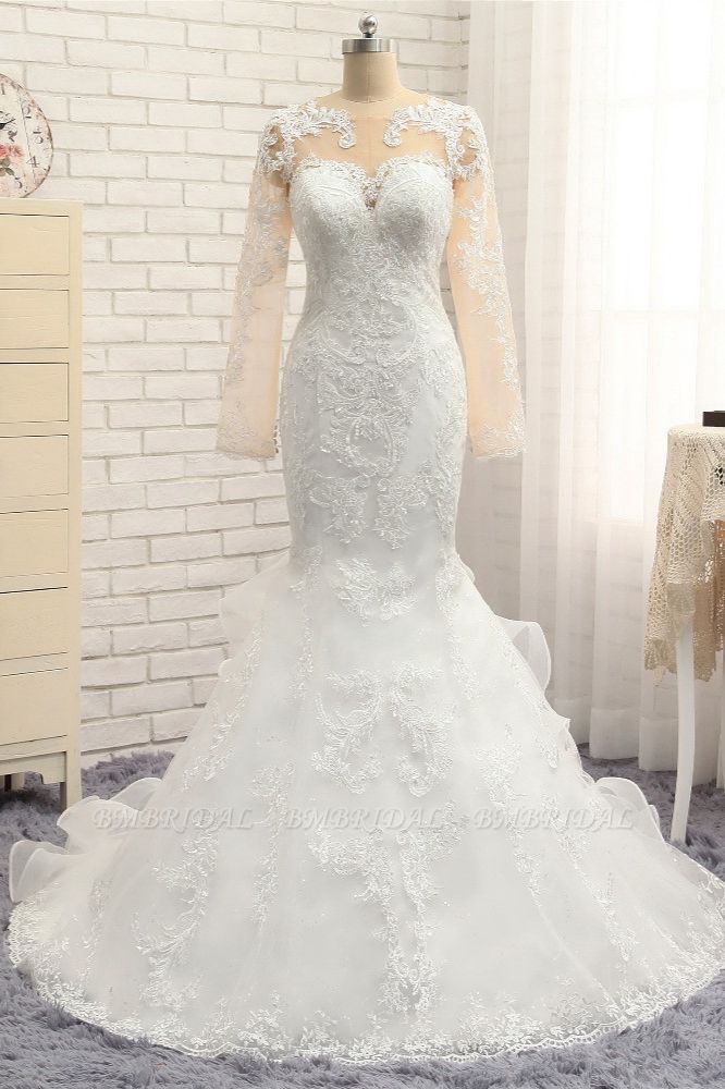 BMbridal Elegantes Juwel Meerjungfrau-Spitze-Hochzeitskleid mit langen Ärmeln weiße Applikationen Brautkleider im Angebot