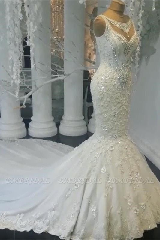 BMbridal Unique Jewel Sleeveless White Wedding Dresses Mermaid Lace Bridal Gowns With Appliques Online