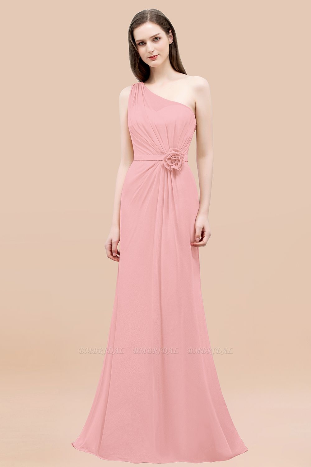 BMbridal Affordable Mermaid One shoulder Pink Bridesmaid Dresses with Flowers