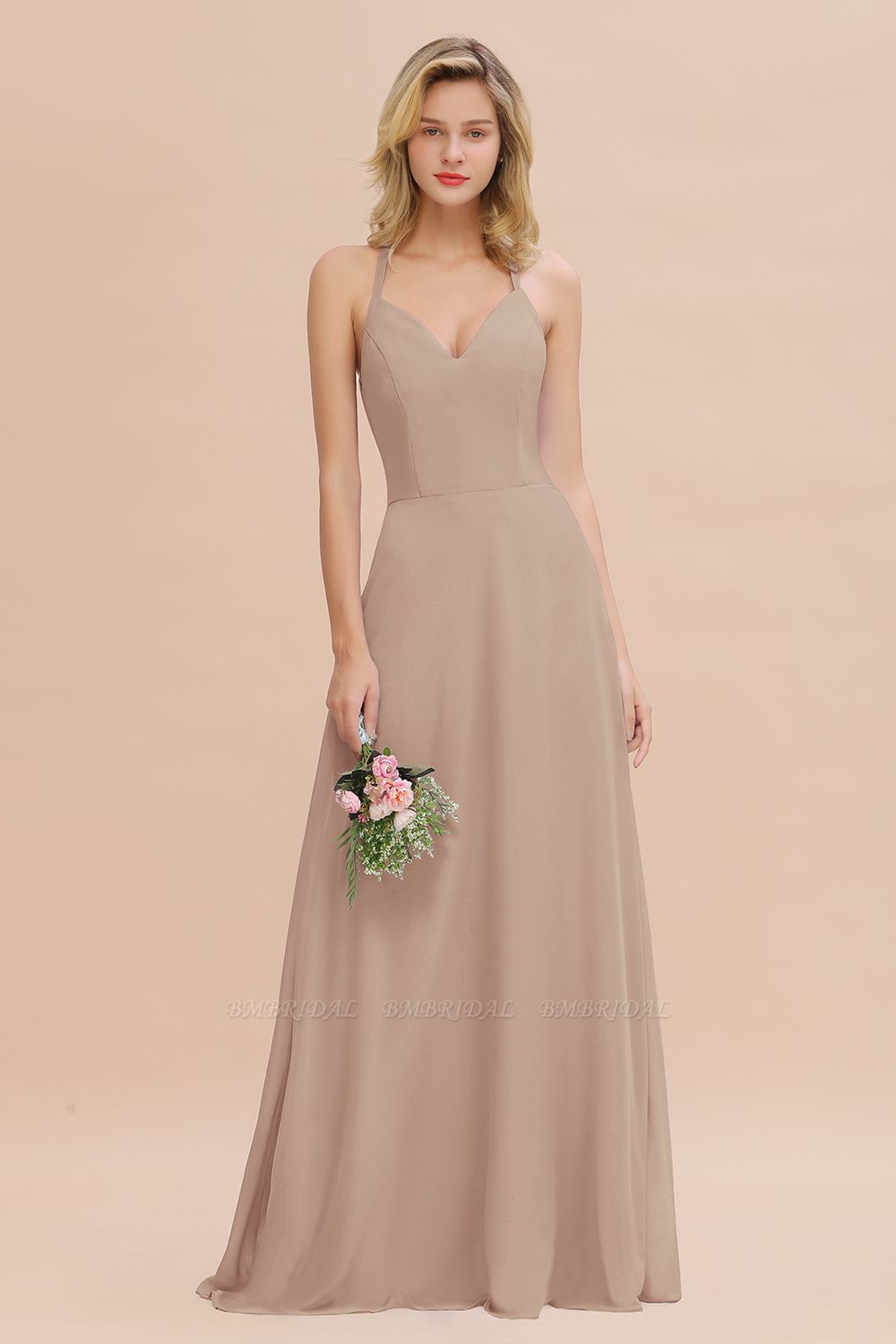 BMbridal Modest Halter V-Neck Sleeveless Long Bridesmaid Dresses Online