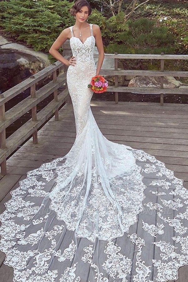 Bmbridal Spaghetti-Straps Lace Wedding Dress Mermaid Bridal Gowns Sleeveless