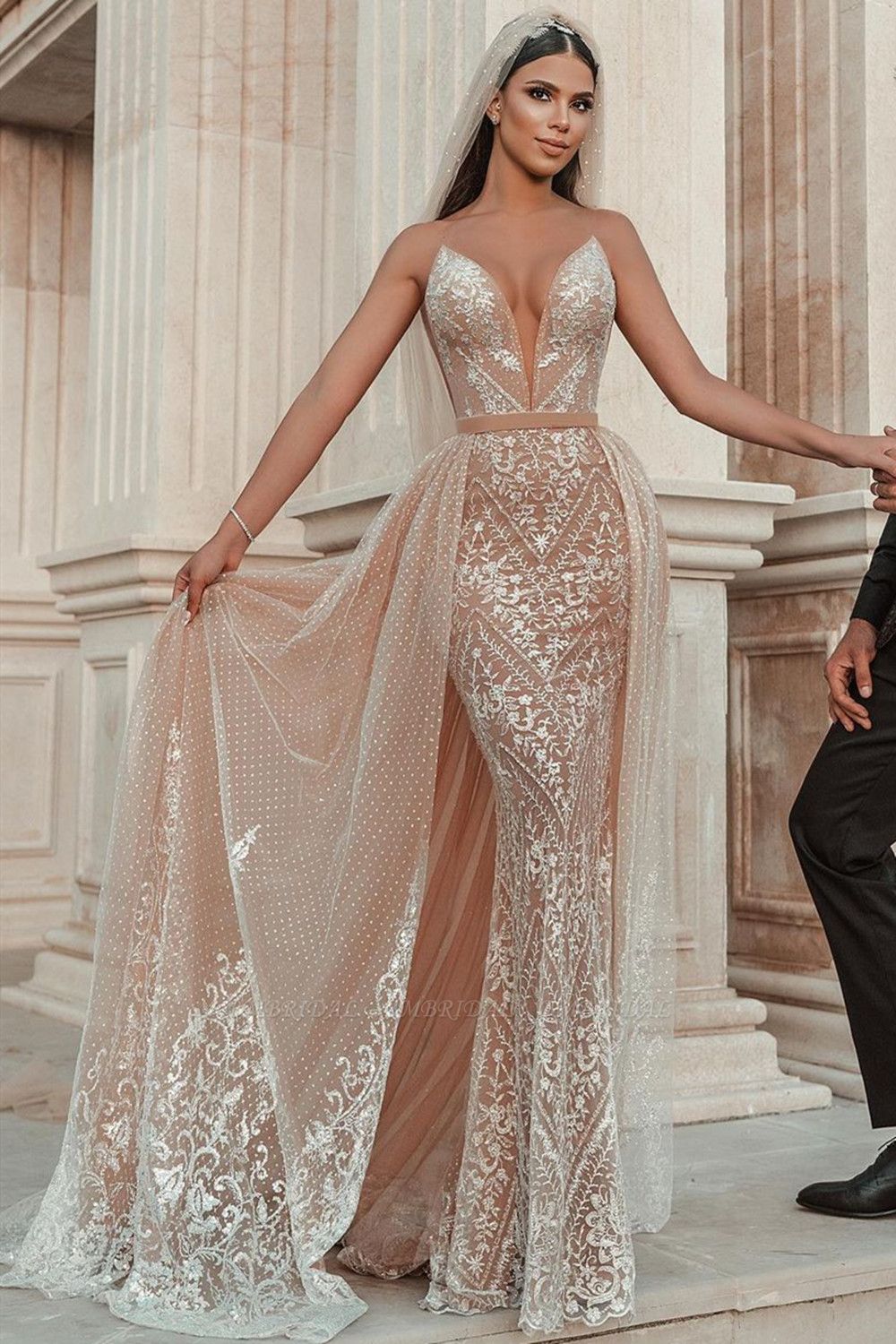 BMbridal Spaghetti-Strap Sleeveless Mermaid Wedding Dress Tulle With Lace