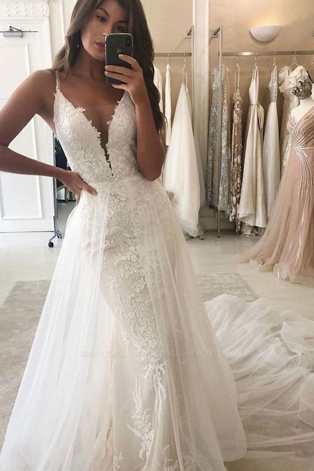 BMbridal Spaghetti-Straps Mermaid Wedding Dress Lace With Tulle Overlay