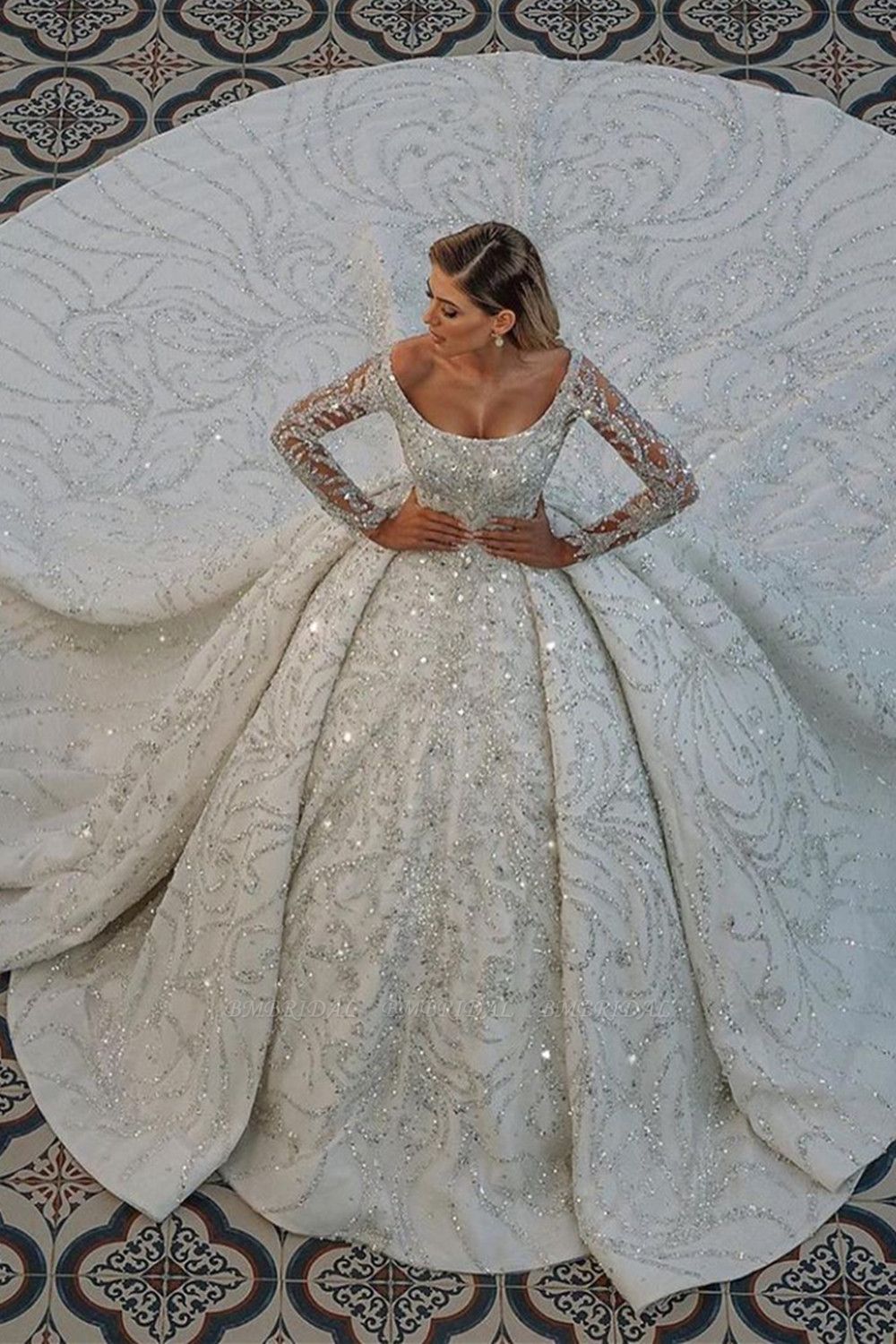 Bmbridal Long Sleeve Ball Gown Wedding Dress With Beads