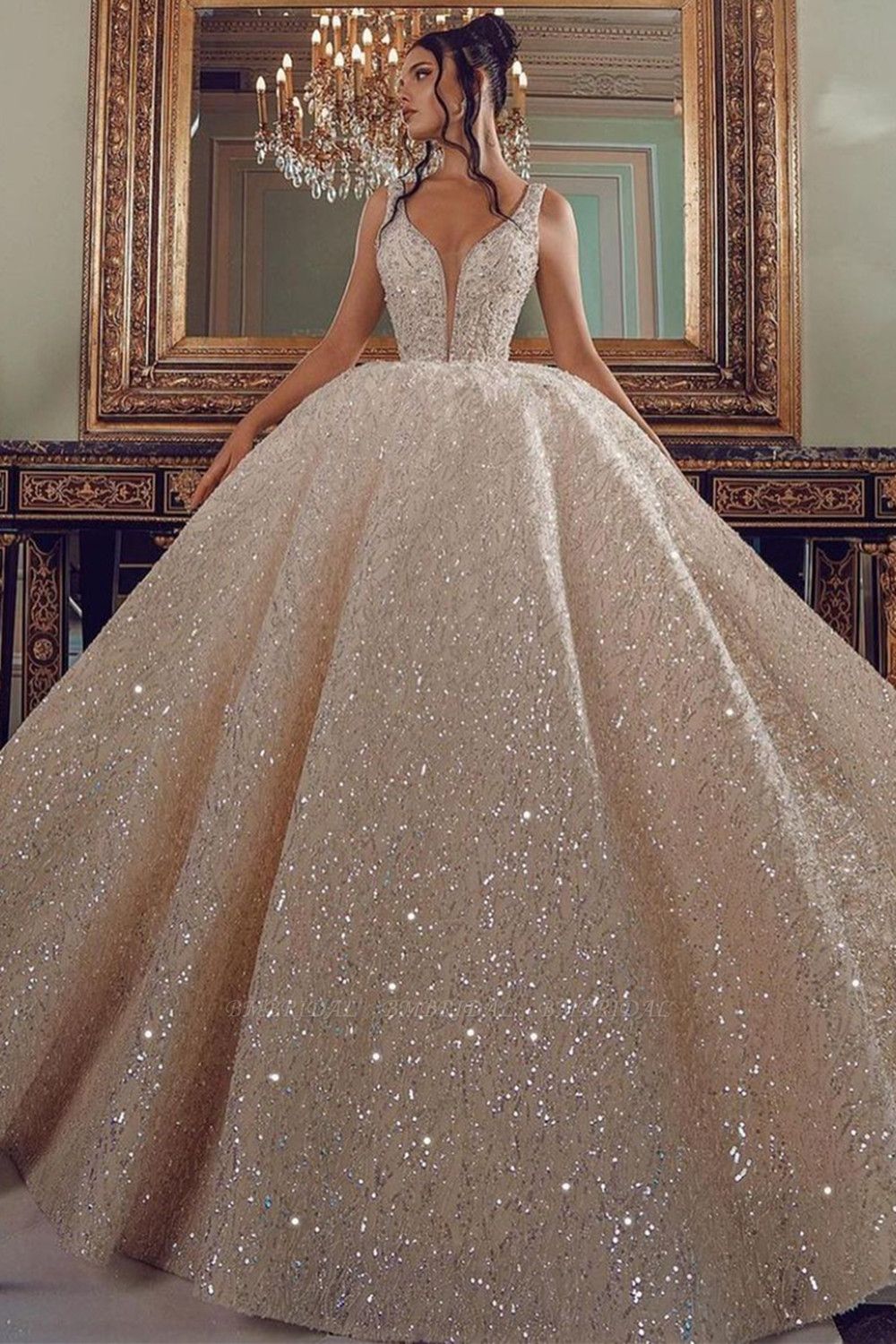 BMbridal V-Neck Sleeveless Ball Gown Wedding Dress With Sequins