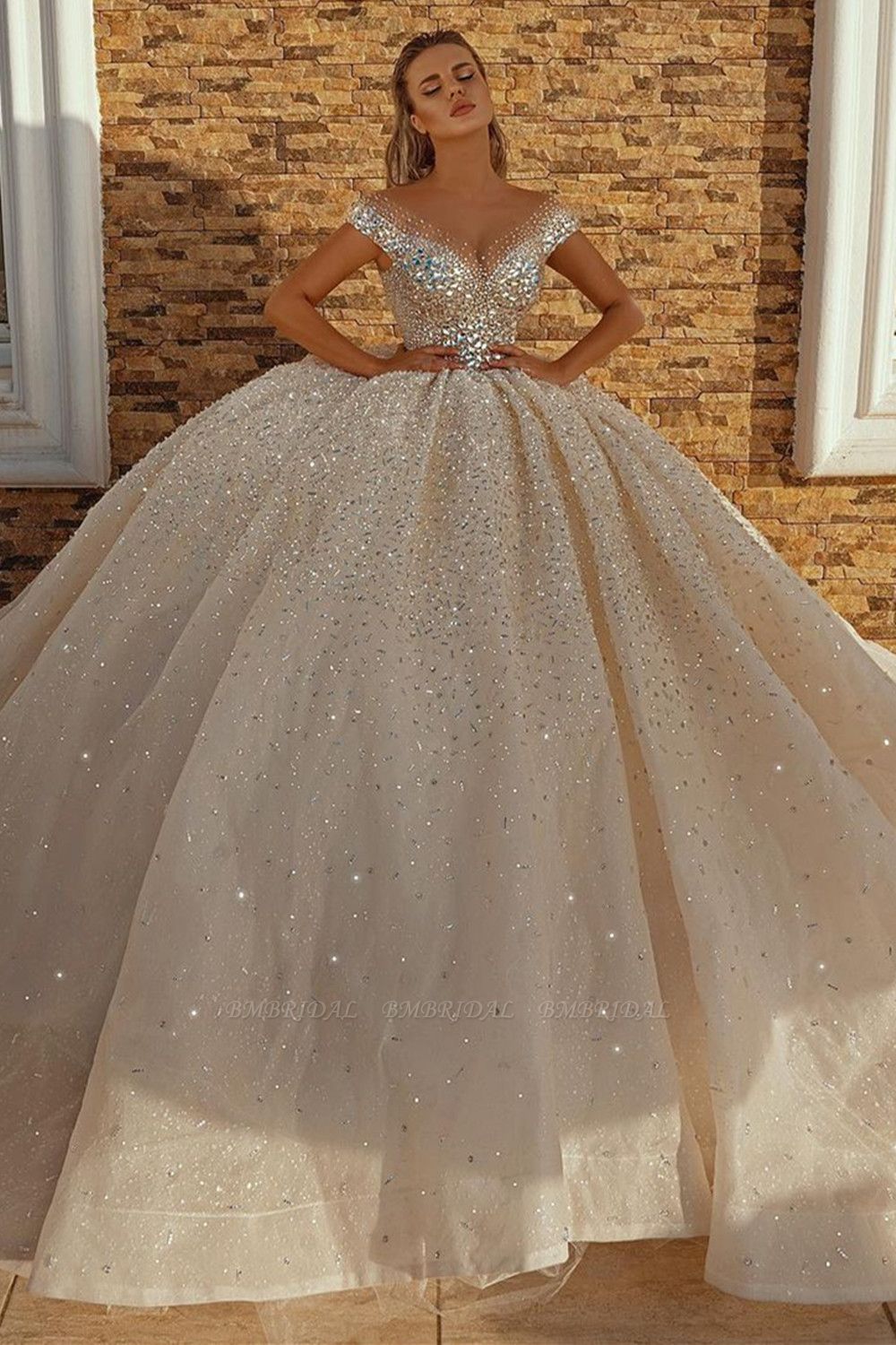 BMbridal Schulterfreies Ballkleid-Hochzeitskleid mit Kristallen