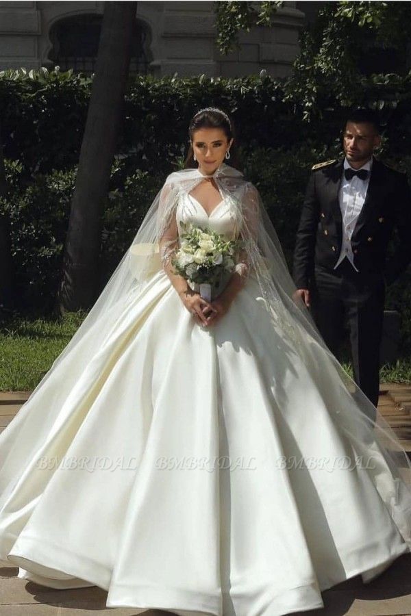 Bmbridal Long Sleeves V-Neck Ball Gown Satin Wedding Dress With Sequins