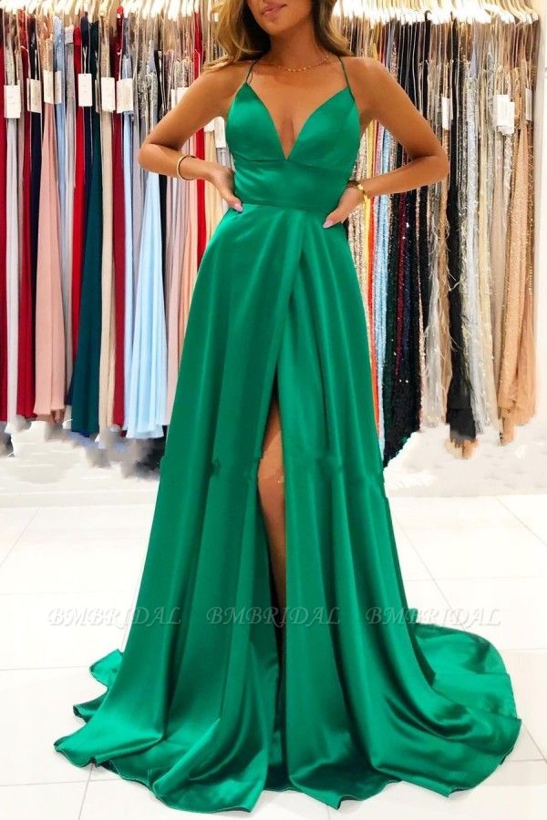 Bmbridal Emerald Green Spaghetti-Straps Prom Dress Long With Split