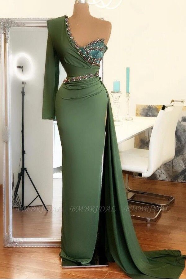 BMbridal One Shoulder Long Sleeve Prom Dress Mermaid With Crystal