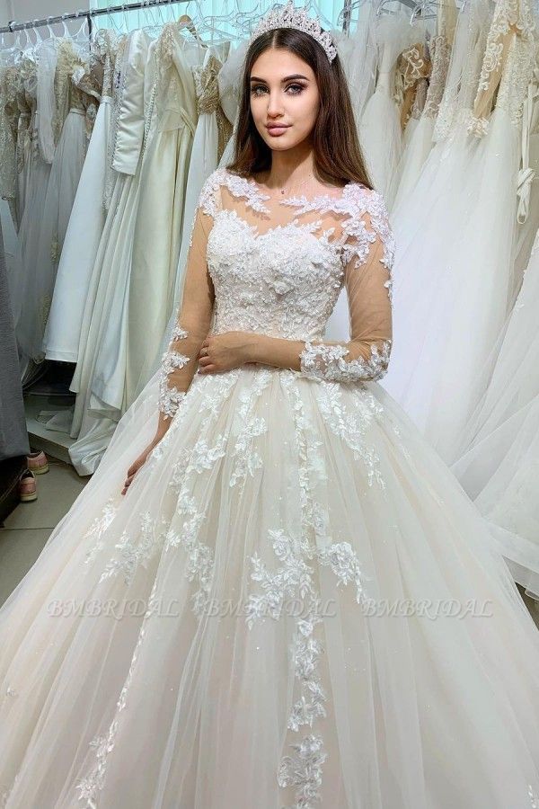BMbridal Long Sleeves Princess Ball Gown Wedding Dress With Lace Appliques