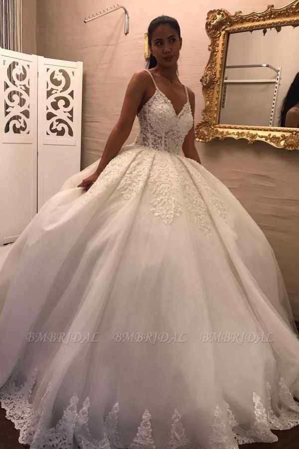 Bmbridal V-Neck Spaghetti-Straps Lace Wedding Dress Ball Gown Sleeveless