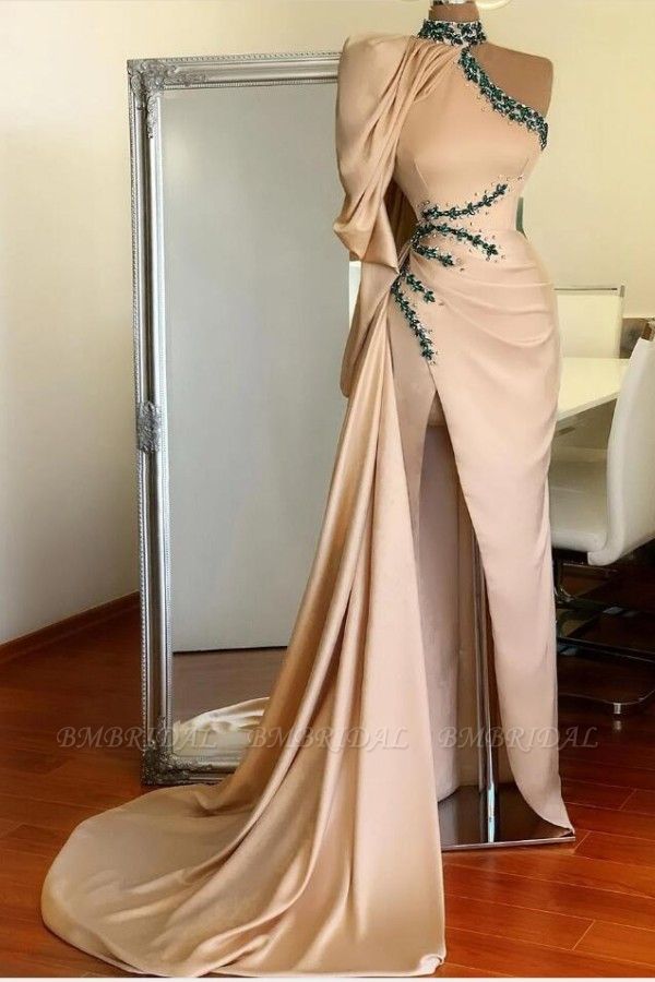 BMbridal One Shoulder Long Sleeves Beads Prom Dress WIth Slit