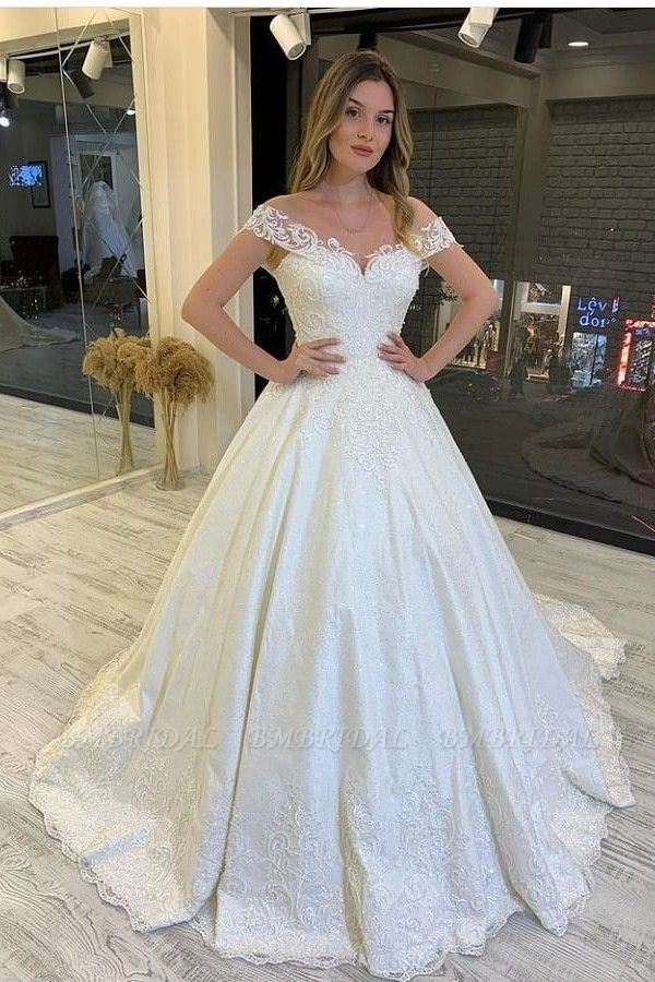 Bmbridal Off-the-Shoulder Ball Gown Wedding Dress Lace Appliques Bridal Gown