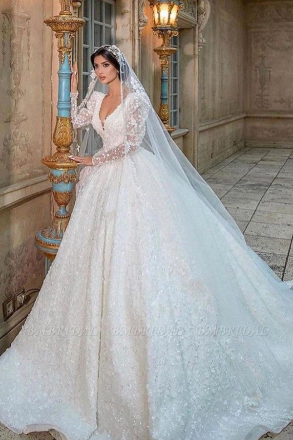 Bmbridal Long Sleeves Ball Gown Wedding Dress Appliques V-Neck Bridal Gown