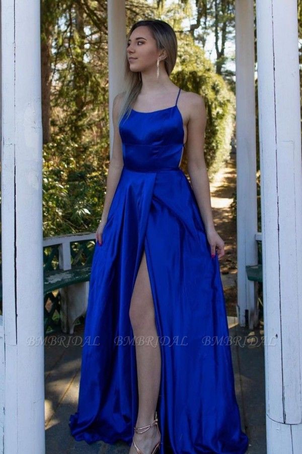 Bmbridal Royal Blue Spaghetti-Strap Prom Dress With Split