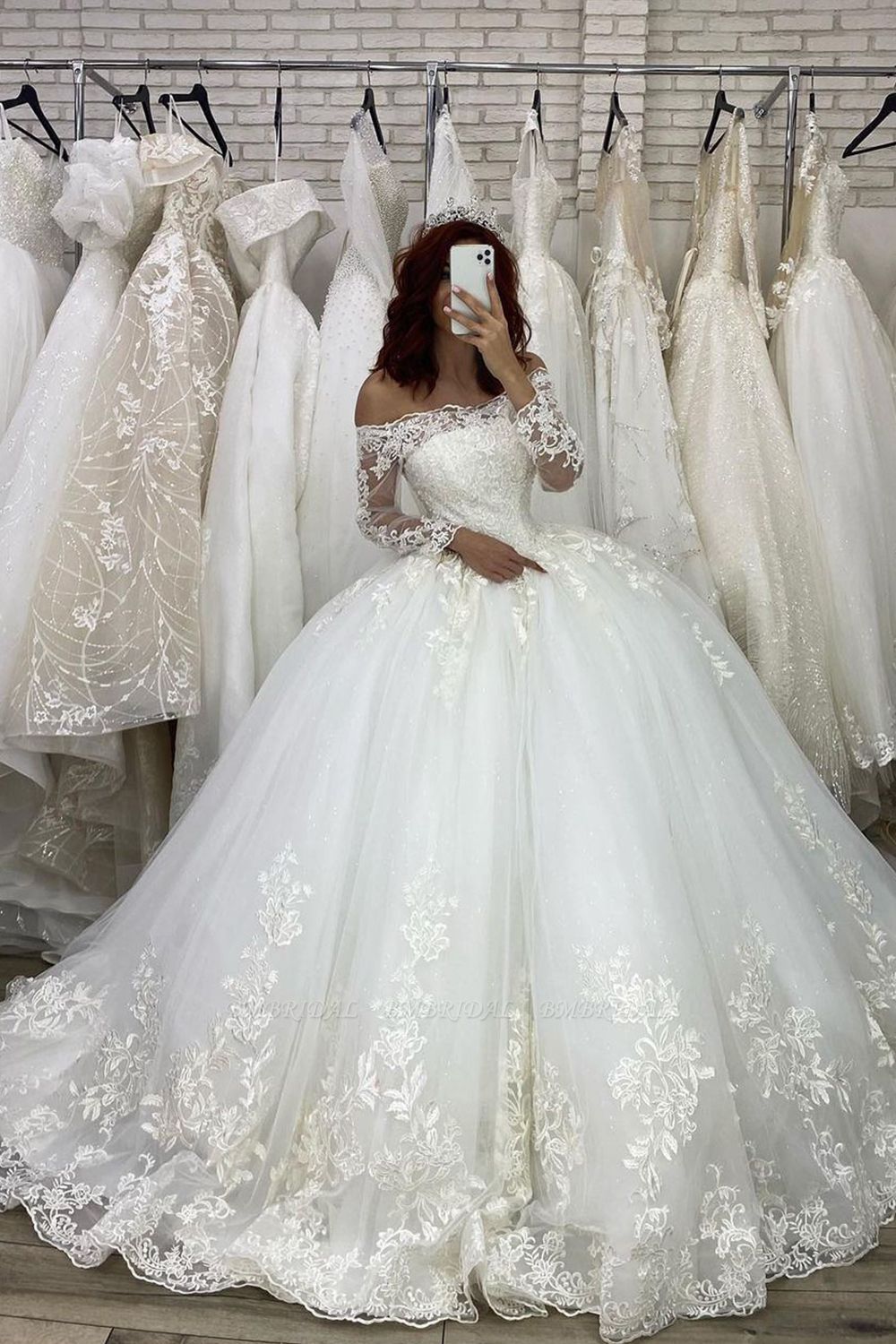 BMbridal Long Sleeves Off-the-Shoulder Wedding Dress Ball Gown With Lace Appliques