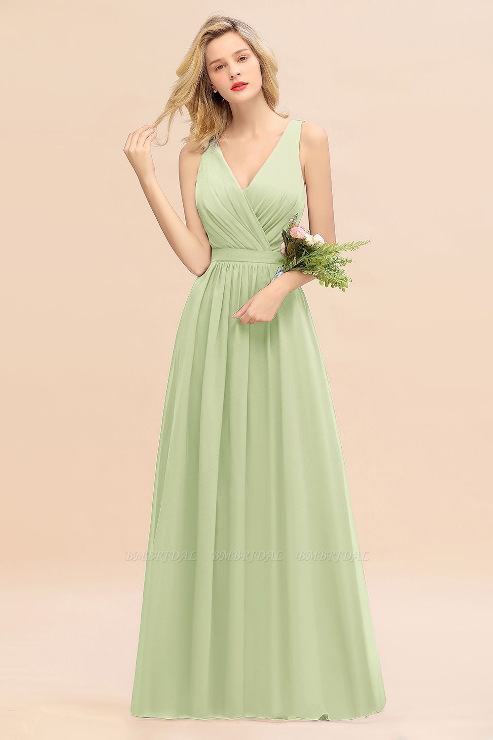 BMbridal Affordable V-Neck Ruffle Long Grape Chiffon Bridesmaid Dress with Bow