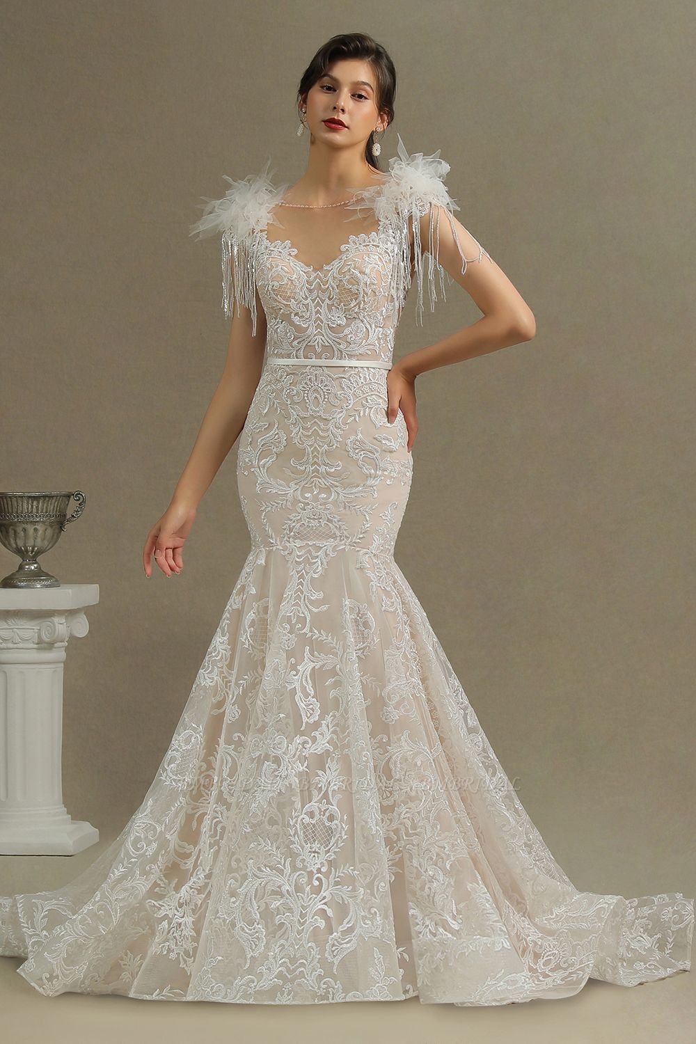 BMbridal Scoop Lace Mermaid Wedding Dress With Feather