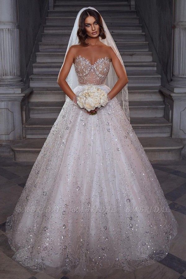 BMbridal Sweetheart Ärmelloses Prinzessinnen-Hochzeitskleid, das mit Kristallen glänzt