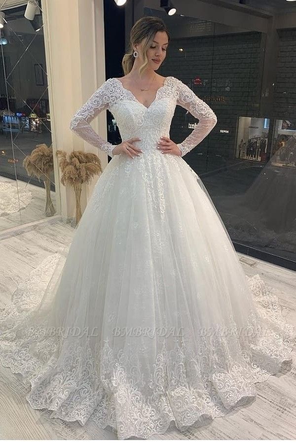 BMbridal Long Sleeves Ball Gown Wedding Dress Lace Bridal Gowns V-Neck