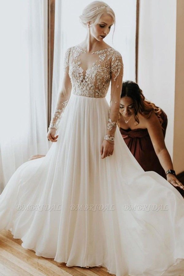 BMbridal Long Sleeves Lace Wedding Dress Beach Bridal Wears