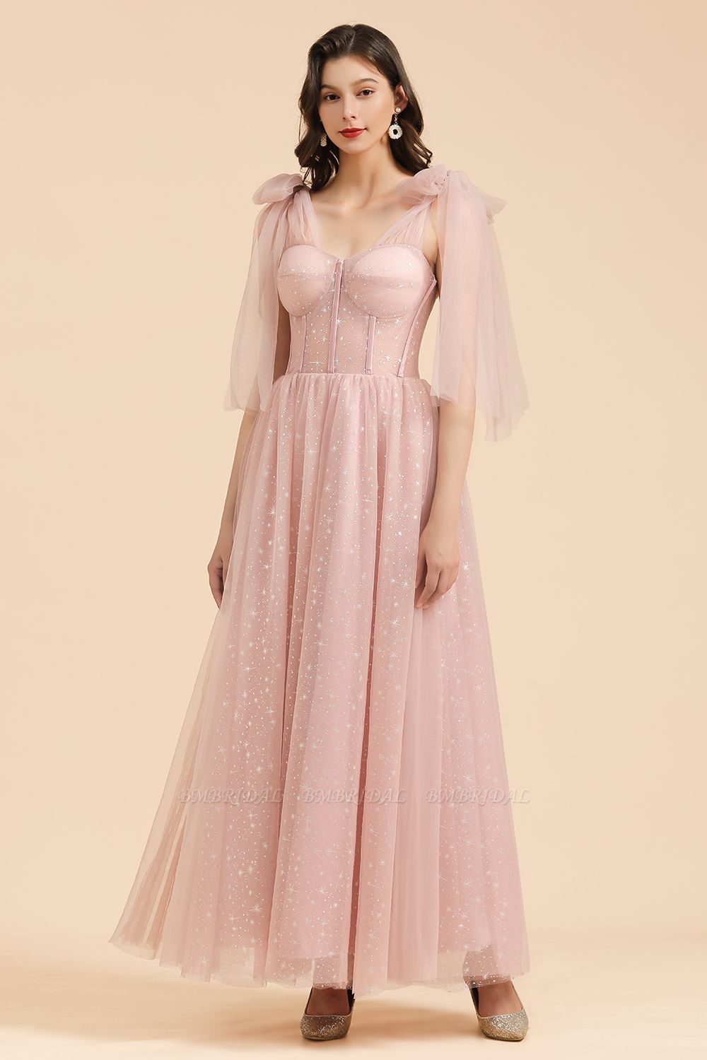 BMbridal V-neck Tulle Long Evening Pink Prom Dress Online