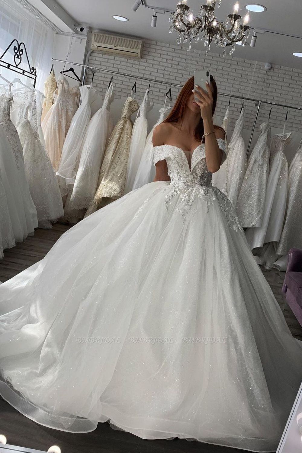BMbridal Off-the-Shoulder Ball Gown Tulle Wedding Dress With Appliques