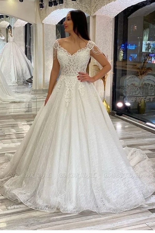 BMbridal Cap Sleeves Ball Gown Wedding Dress Shinning WIth Appliques