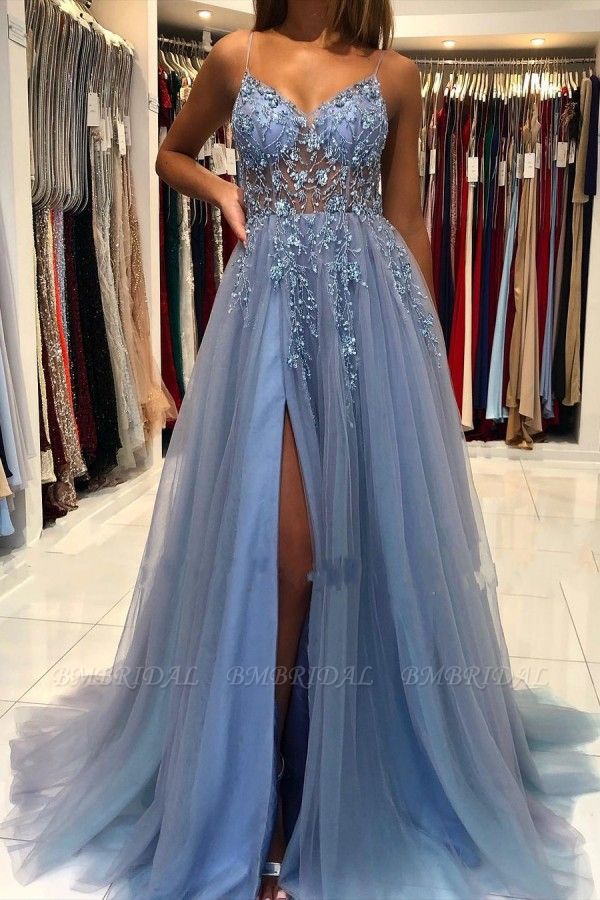 Bmbridal Blue Spaghetti-Straps Prom Dress Tulle Slit Evening Dress With Beads
