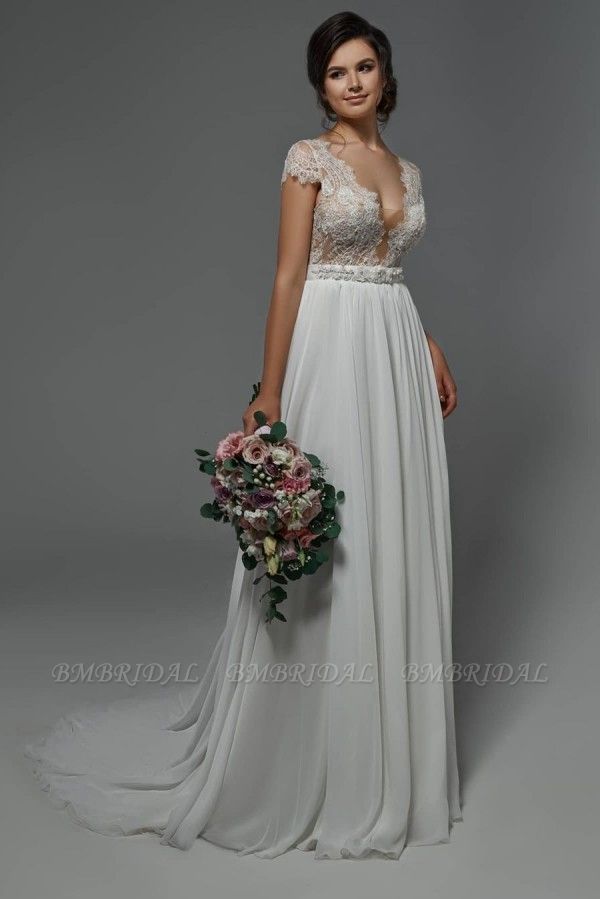 Bmbridal Cap Sleevels Lace Chiffon Wedding Dress Boho Bridal Gown