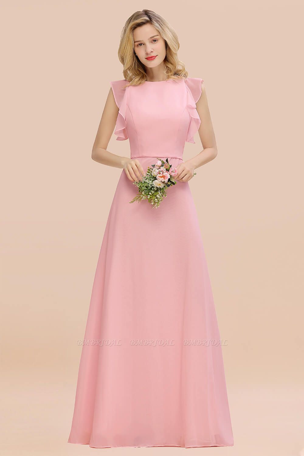 BMbridal Simple Jewel Draped Sleeves Blushing Pink Bridesmaid Dress Online