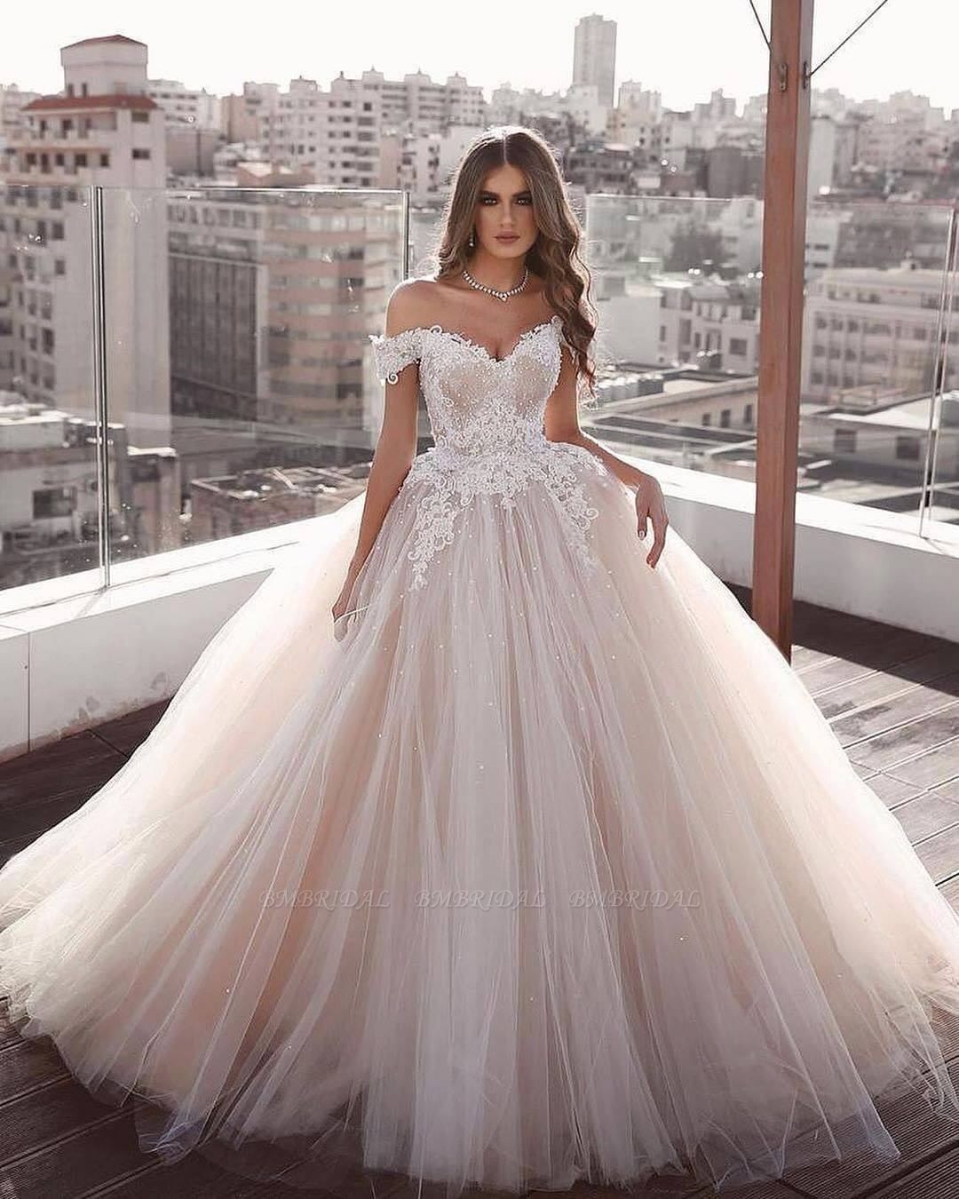 BMbridal Off-the-Shoulder Champagne Wedding Dress Ball Gown With Tulle Lace